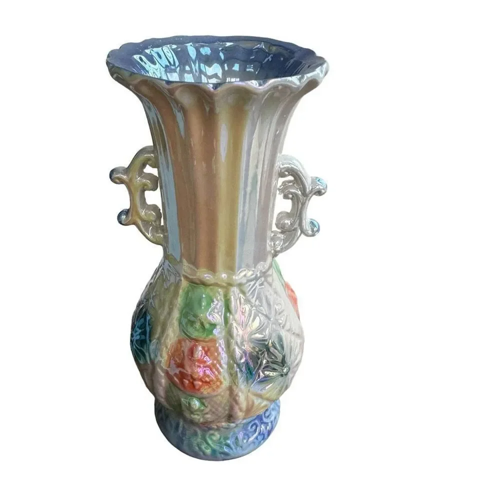 VTG Opalescent Raised Floral Ornate Double Handled 7” Vase